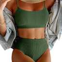 Lilosy High Waisted Tummy Control Ribbed Bikini Crop Top Brazilian Swimsuit Set 2 Piece (XX-Large, Green)