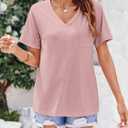 Womens V Neck Tshirts Short Sleeve Loose Casual Summer Tops with Pokcet (Pink)