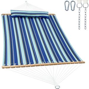 GAFETE Hammock 2 Person Quilted Fabric Hammocks for Outside, Double 12ft Hammocks with Spreader Bar, Large Removable Pillow, Storage Bag, Carabiners, Max 475 lbs Capacity (Catalina Beach)