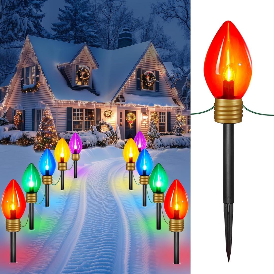 Christmas Lights Jumbo C9 Outdoor Lawn Decorations with Pathway Marker Stakes, 4 Pack 10.5 Feet String Lights Covered Jumbo Multicolored Light Bulb for Holiday Outside Yard Garden Decor, 20 Lights
