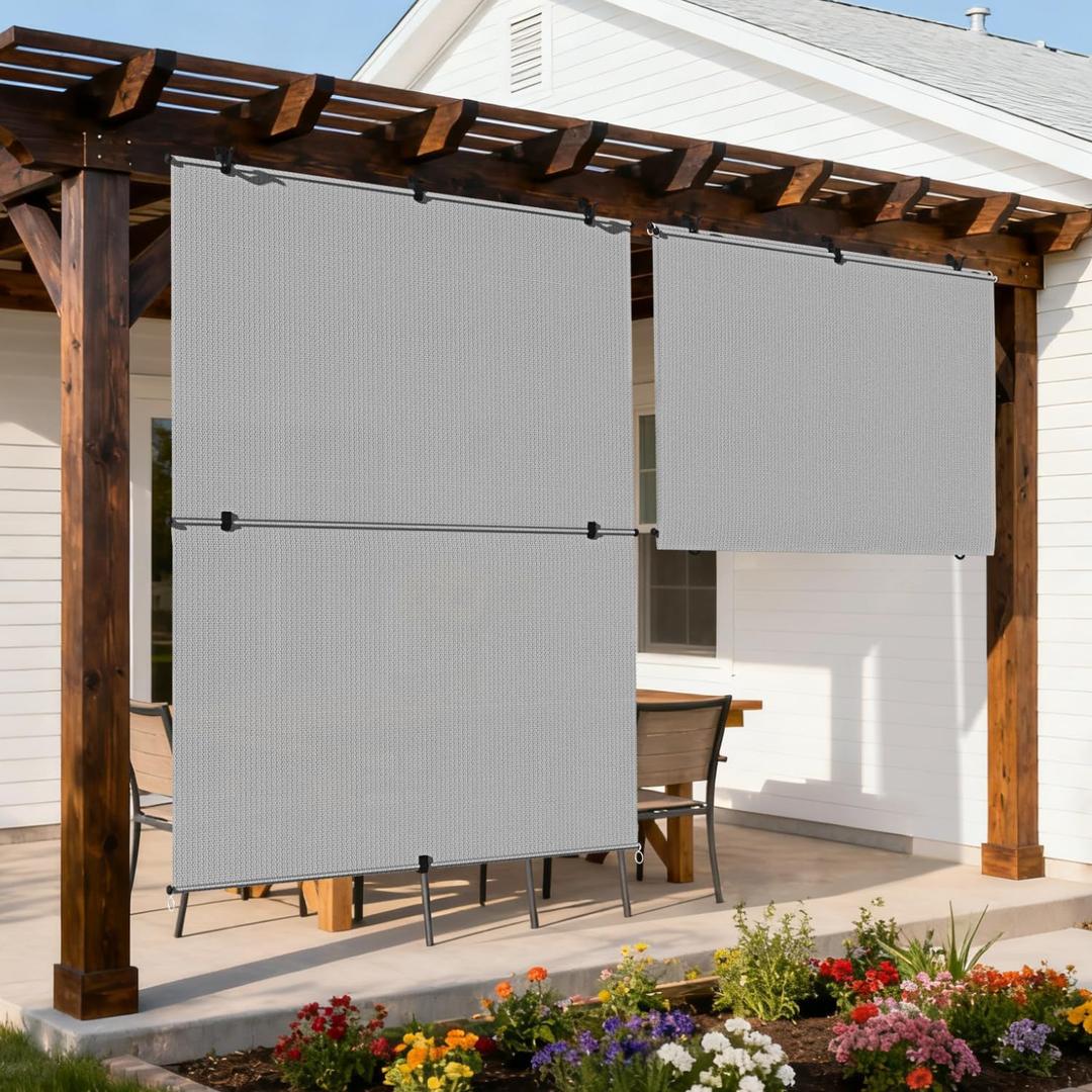 Outdoor Roller Shade 6'W x 6'H Cordless Shades Roll Up, Folding Exterior Patio Blinds, Blackout Sunshades Curtains for Outside Porch Screens, Apartment Balcony, Pergola (Grey), 72"W x 72"H