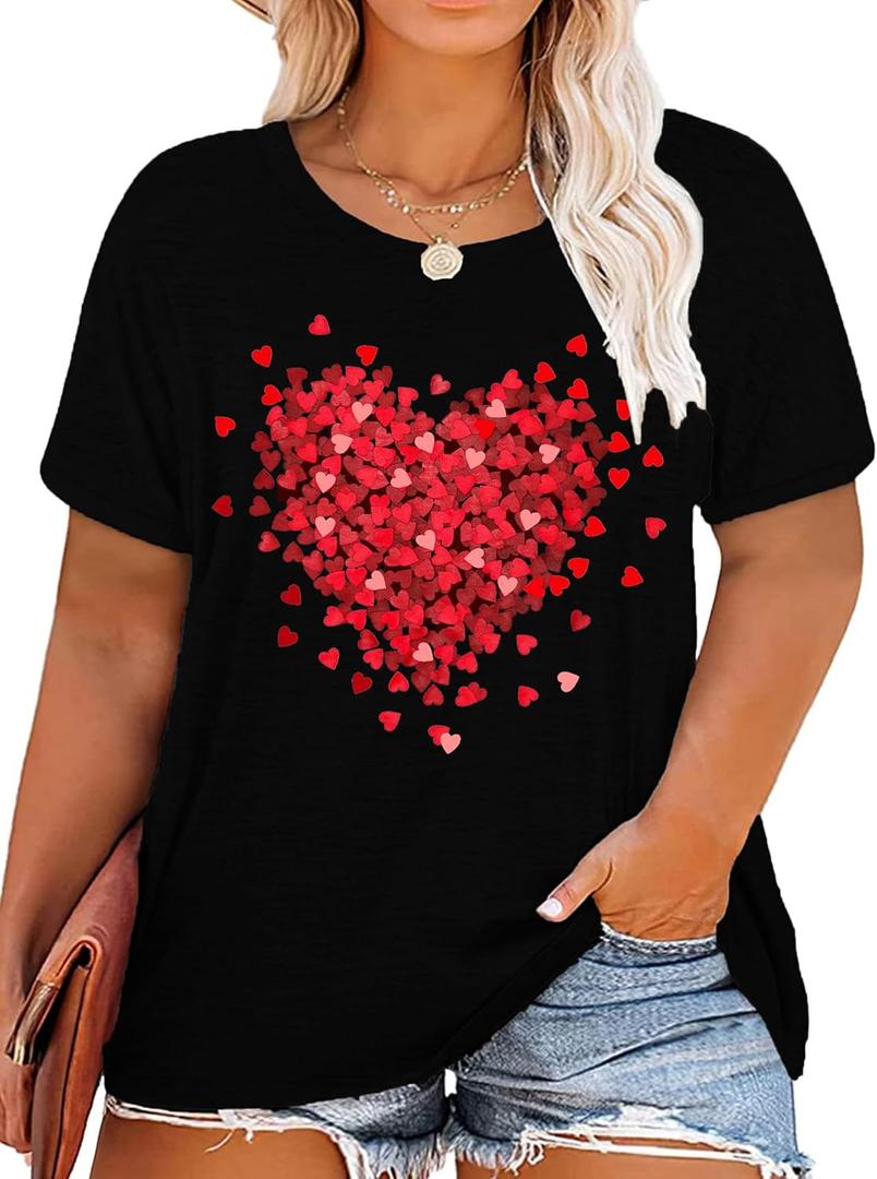 Plus Size Valentines Shirts for Women Heart Print Graphic Tees Teacher Valentine Shirt Casual Tops (5X-Large Plus, Black)