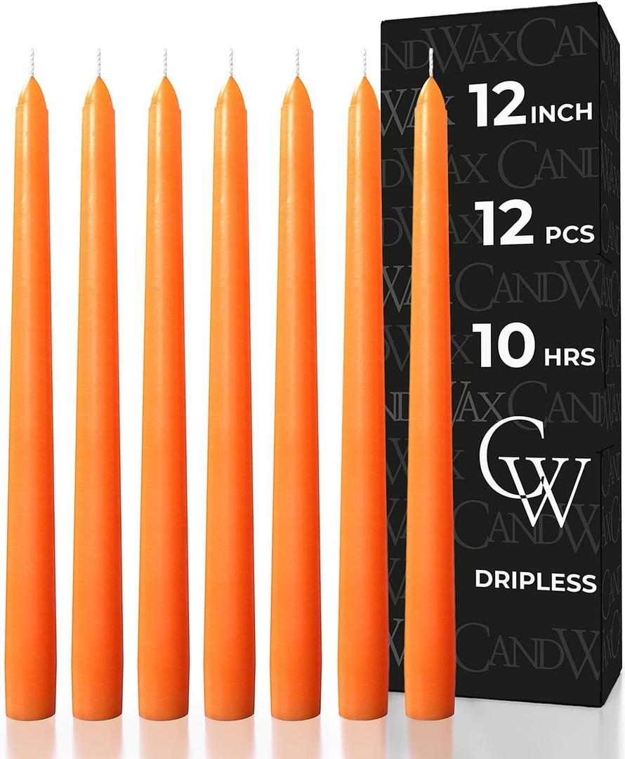 CANDWAX 12 inch Orange Taper Candles Set of 12  Slow Burning Tapered Candle Sticks Ideal for Halloween Decorations, Dinner Table Centerpiece or Thanksgiving Dcor  Orange Candles