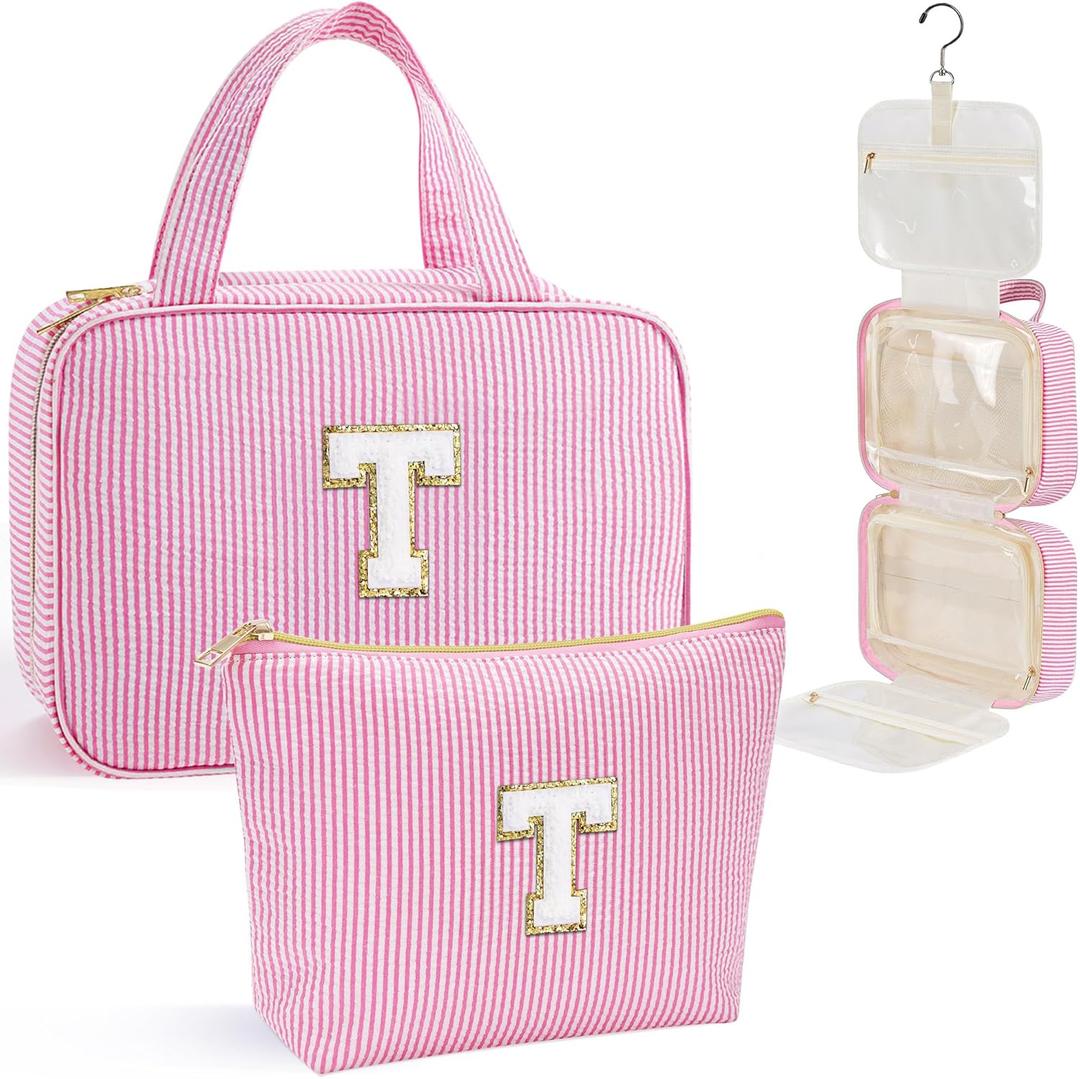 YOOLIFE Hanging Toiletry Bag for Women - Travel Toiletry Bag Makeup Bag, Portable Toiletries Cosmetic Bag, Airplane Travel Essentials - Letter T, Pink