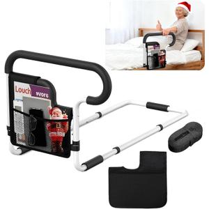 Bed Rails for Elderly Adults Safety, Adjustable Bed Assist Rail for Seniors, Bed Safety Rail with 2 Storage Bag and Fixing Strap, Fit King, Queen, Full, Twin, Supports 300 lbs (Sliver Black)