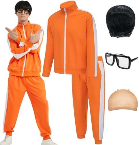 EFORLED Adult Halloween Costumes for Men 2025,Family Orange Zip-Up Tracksuit with Black Wig Cap & Glasses L