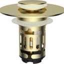 Hibbent Upgraded 3 in 1 Bathroom Sink Drain Strainer, Universal Pop Up Stopper with Removable Stainless Steel Filter Basket Hair Catcher, Sink Plug for 1.1''~2.36'' Basin, Brass Core, Brushed Gold