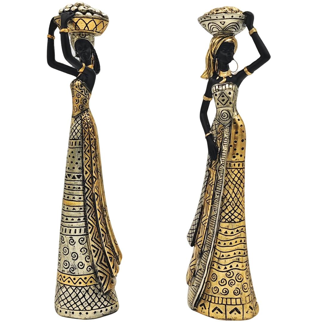 OGANGART 13" African Statues for Home Decor,2-Piece Set Lady Figure Sculptures Decorations for Tables Top,Black Vintage Ornament for Shelf and Living Room,Bookshelf,Décor Accents Gifts for Women