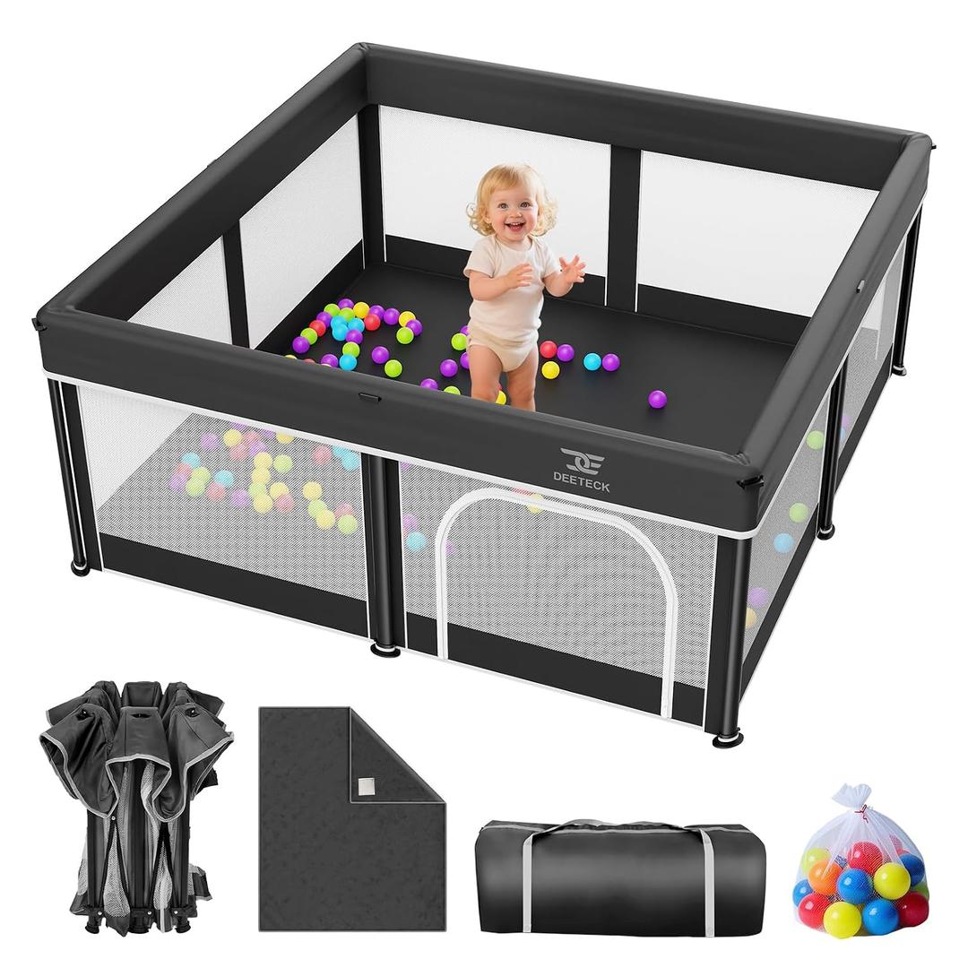 Foldable Baby Playpen with Mat - 50"X50" Play Yard for Babies and Toddlers - Indoor & Outdoor Portable Playpen with Storage Bag & 30 Ocean Ball - Baby Fence with Visible Mesh & Zipper Door,Black