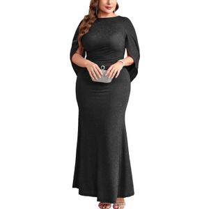 ZOMVA Plus Size Sparkly Glitter Mermaid Maxi Dress Sparkle Sequin Cape Sleeves Ruched Bodycon Dresses Cocktail Formal (Black)