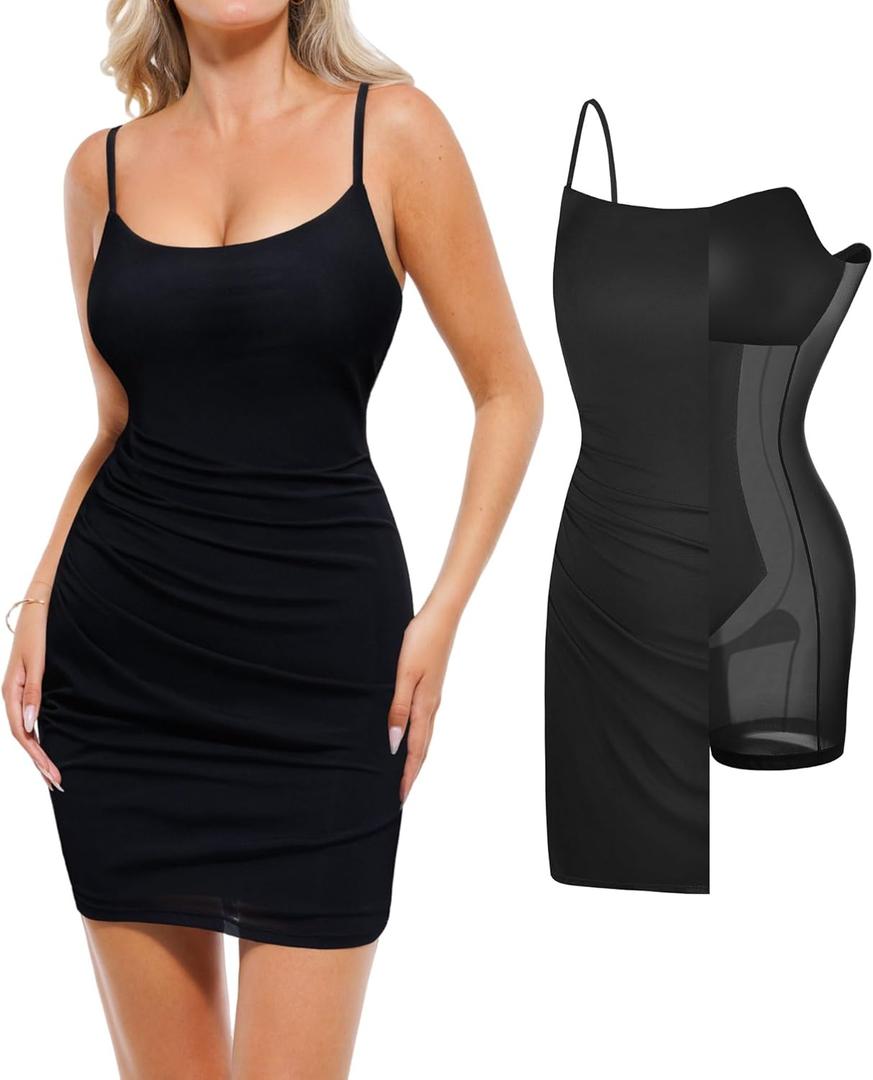 Popilush Leopard Print Dress with Built in Shapewear Spaghetti Strap Mini Dresses Mesh Ruched Bodycon Summer Splash (XX-Large, Black)