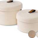 DENJA & CO Set of 2 Decorative Storage Baskets with Lids - Round Woven Baskets for Home Decor and Organizing - Small Shelf Baskets with Leather Tabs and Handles - Decorative Storage and Organizer Bins