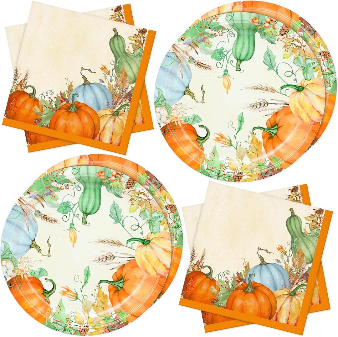 10in Thanksgiving Paper Plates Napkins Set Disposable Fall Party Dinnerware Serve 20 Person