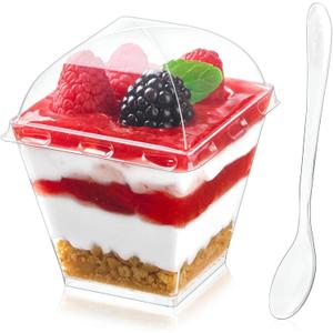 Zezzxu 50 Pack 7 oz Square Dessert Cups with Dome Lids and Spoons, Plastic Pudding Cups with Lids Mini Parfait Shooter Cups for Party Individual Banana Pudding Jello Yogurt Fruit Trifle