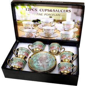 6 Sets 3 OZ Porcelain Coffee Cup and Saucers, Small Juice Cup & Saucer Pot with Gift Box, Uniform Creamer Milk Pull Flower Frothing Pitchers Ceramic Ware with Handle - Green