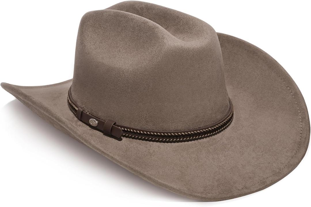 YOUBADU Faux Suede Felt Western Cowboy Hat for Women or Men, Wide Brim, Rivet Strap