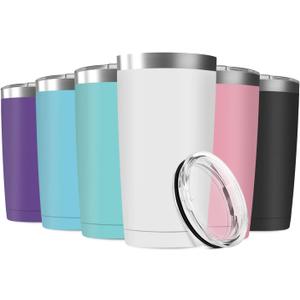 20oz Tumbler Vacuum Insulated Travel Mug with Lids, Stainless Steel Double Wall Thermal Coffe Cup for Home, Office, Outdoor Suitable for Vehicle Cup Holders (6 Count (Pack of 1), Assorted Colors)