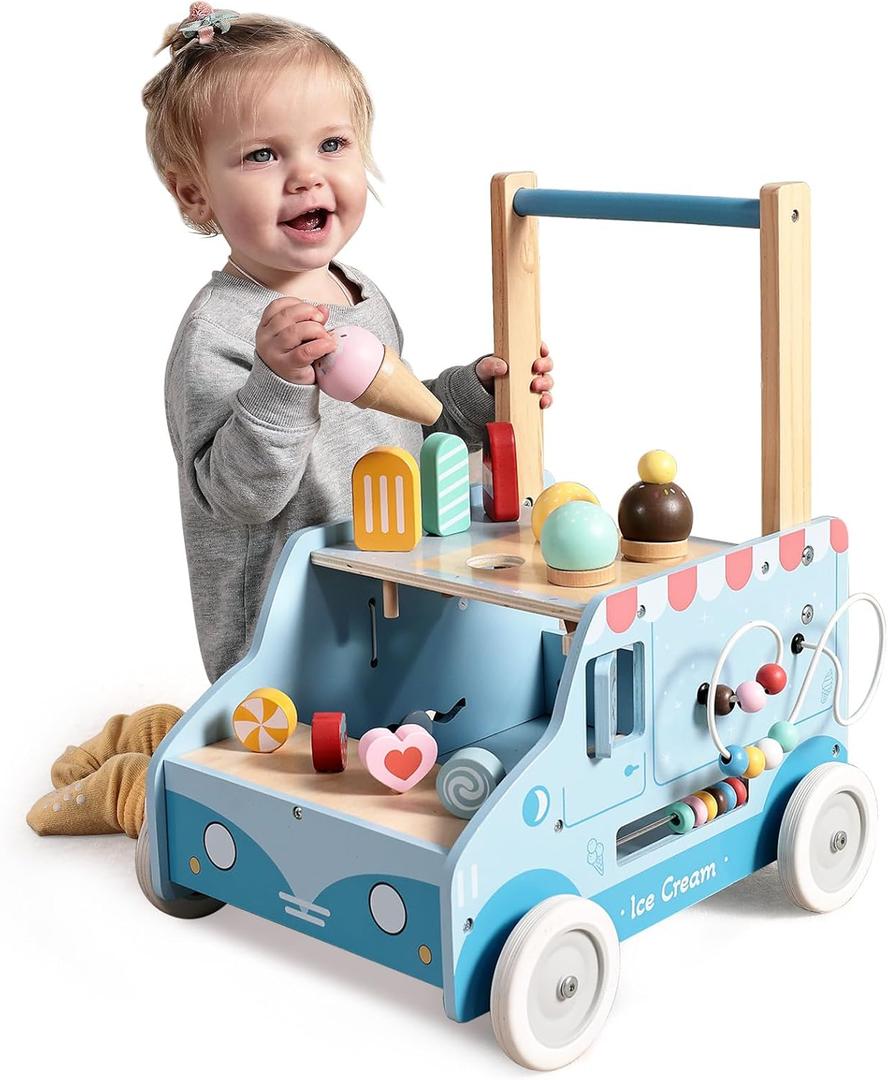 labebe Baby Push Walker, Wooden Activity Walker for Boys Girls 12M+, Push Walker Toy for Kids Learning to Walk, Adjustable Speed Learning Walking with Wheels, Birthday Gift for Babies Ages 1-3 (Blue)