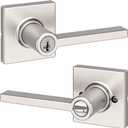 Kwikset Casey Entry Door Handle with Lock and Key, Secure Keyed Reversible Lever Exterior, For Front Entrance and Bedrooms, Satin Nickel , Pick Resistant Smartkey Rekey Security and Microban