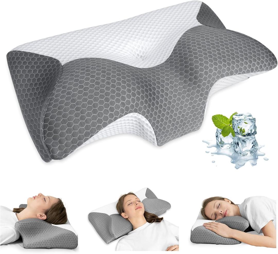 HOMCA Cervical Pillow, Ergonomic Memory Foam Pillow for Neck and Shoulder Pain Relief with Cooling Ice Silk Pillowcase, Orthopedic Neck Bed Pillow for Side, Back and Stomach Sleepers (Grey)