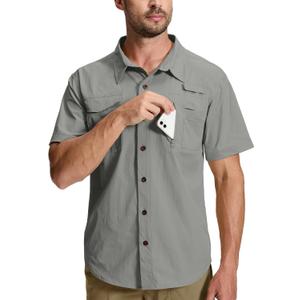 Men's Fishing Shirt Sun Protection Short Sleeve Safari Outdoor Button Down Shirts for Hiking Travel Work (Gray, S)
