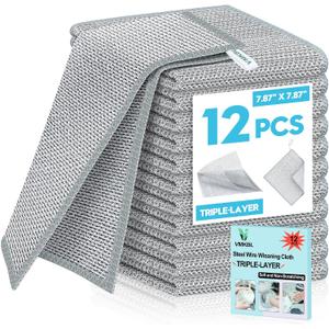 5 x 12 Pcs New Upgraded 3 Layers Non Scratch Wire Dishcloth, Multipurpose Wire Dishwashing Rags, Wet & Dry for Cookware, Sinks, Dishes, Stoves & Fireplaces (7.87 x 7.87-12pcs)