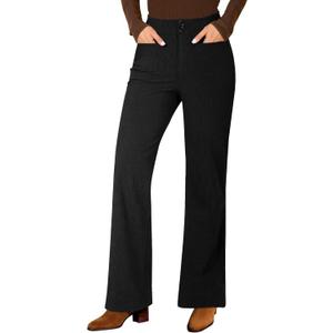 GRAPENT Corduroy Wide Leg Pants Woman High Waisted Trendy Fall Work Casual Elastic Waist Duo Button Welt Pocket Trousers (Large, Black)
