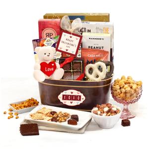 Broadway Basketeers Valentines Day Chocolate Gift Basket for Her, Him, Women, Men And Kids With Cookies, Snacks And Red Heart Plush Teddy Bear, No BB Date