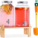 2 PCS Glass Drink Dispenser Set 1.5 Gallon With Stand, Spigot, Large Water Drink Dispensers for Parties for Lemonade, Juice, and Wedding, Bars