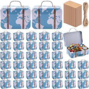 24 Pieces Mini Suitcase Party Favor Boxes Mini Luggage Gift Suitbox Small World Map Candy Tin Suitcase with Handle, Label and Twine for Travel Themed Party Bridal Shower Wedding Decoration