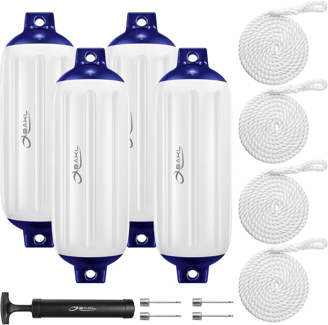 Boat Fenders 4 Pack 8.5 x 27 Inches Ribbed Twin Eyes Boat Fenders Bumpers for Docking, Comes with Ropes and Pump to Inflate (Santorini Blue&White)