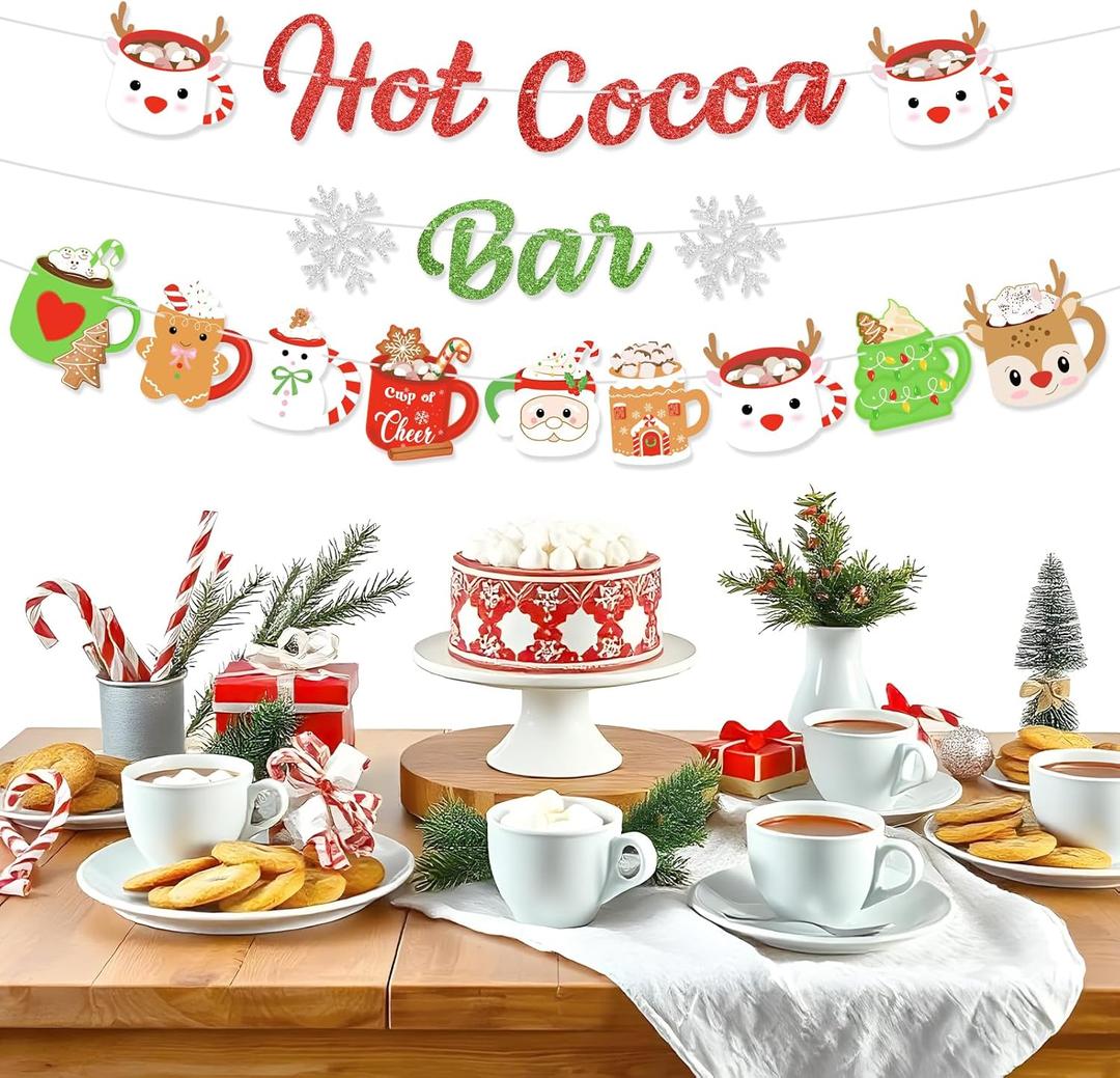 Christmas Hot Cocoa Bar Banner Decoration, Glitter Green Red Hot Chocolate Bar Kit Winter Snowflake Gingerbread Snowman Coffee Mug Hot Cocoa Bar Banner Supplies for Birthday Baby Shower New Year Party