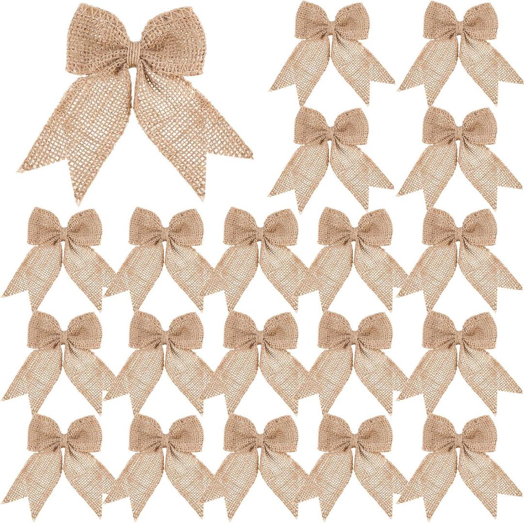 20 Pieces Burlap Bows Burlap Bow Knot Handmade Burlap Decorative Bowknot Natural Ornament Bow for Christmas Decoration Tree Festival Holiday Party Supplies (Beige)