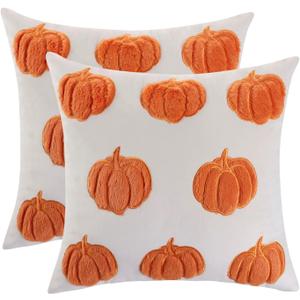 LUOYEHK Halloween Throw Pillow Covers 18x18 Set of 2 Orange Pumpkins Embroidered Pillow Cases Holiday Thanksgiving Velvet Cushion Covers for Couch Sofa Bed
