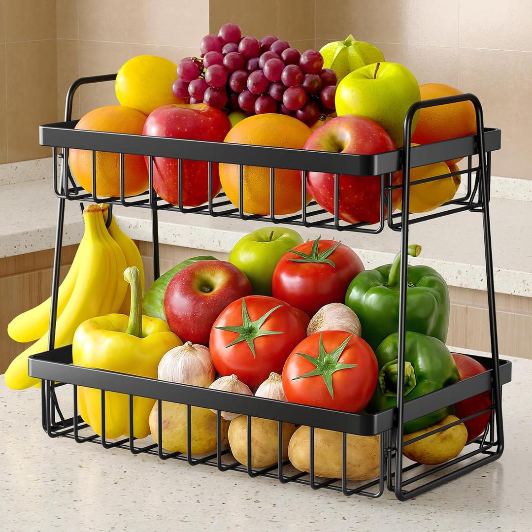 Sakugi Fruit Basket for Kitchen Counter - 2-Tier Fruit Bowl with Removable Banana Hanger & Handles, Rustproof Fruit Holder for Kitchen, Living Room, Bathroom, 13.4"8.7"11.7", Black