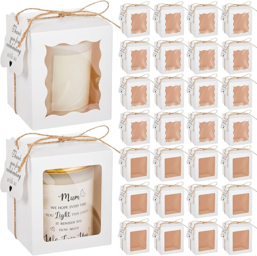 ReliThick 50 Set Candle Gift Box Transparent Gift Packaging for 4-10 oz Candles 50 Paper Thank You Tag for Wedding Birthday Baby Shower Party Favor, 3.35x3.35x3.94 in(White,Square)