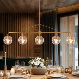 Lzawvm Modern Gold Linear Chandelier 5 Lights Dining Room Chandelier with Seeded Glass Globe 39 Inch Electroplated Copper Pendant Light for Farmhouse Living Room Kitchen Island