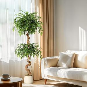 GarveeHome Ficus Artificial Tree with Curved Trunk5 Feet Faux Plant Fake Silk Trees with White Pot, Fake Ficus Tree for Home Decor, Artificial Plants Indoor for Office Living Room (5ft, Green)