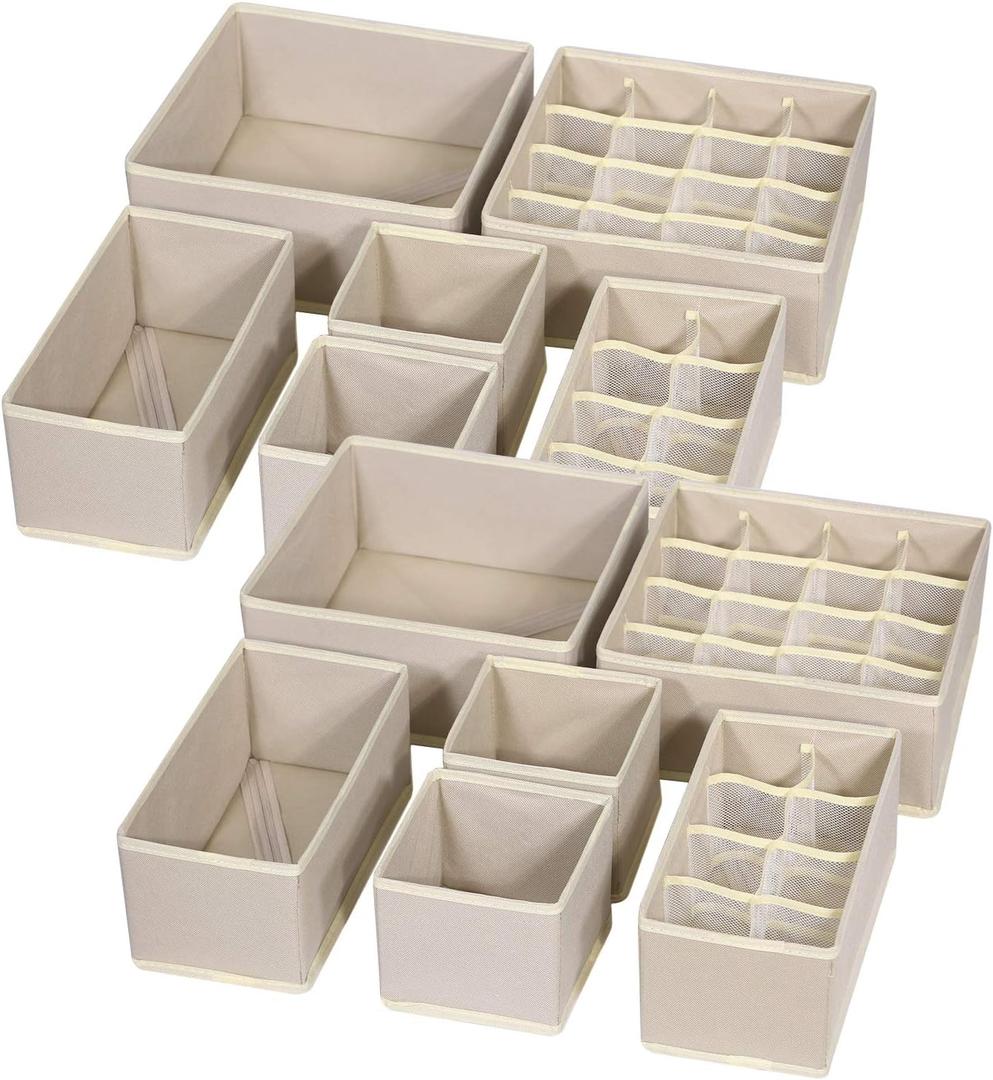 12 Pack Foldable Drawer Organizer Dividers Cloth Storage Box Closet Dresser Organizer Cube Fabric Containers Basket Bins for Underwear Bras Socks Panties Lingeries Nursery Baby Clothes Beige
