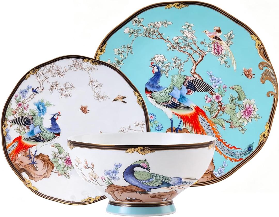 12-Piece Bone China Dinnerware Set for 4, Vintage Turquoise Peacock Floral Plates and Bowls with Hand-Painted Gold Trim, Oriental Tableware, Dishwasher Safe for Daily & Formal Occasions