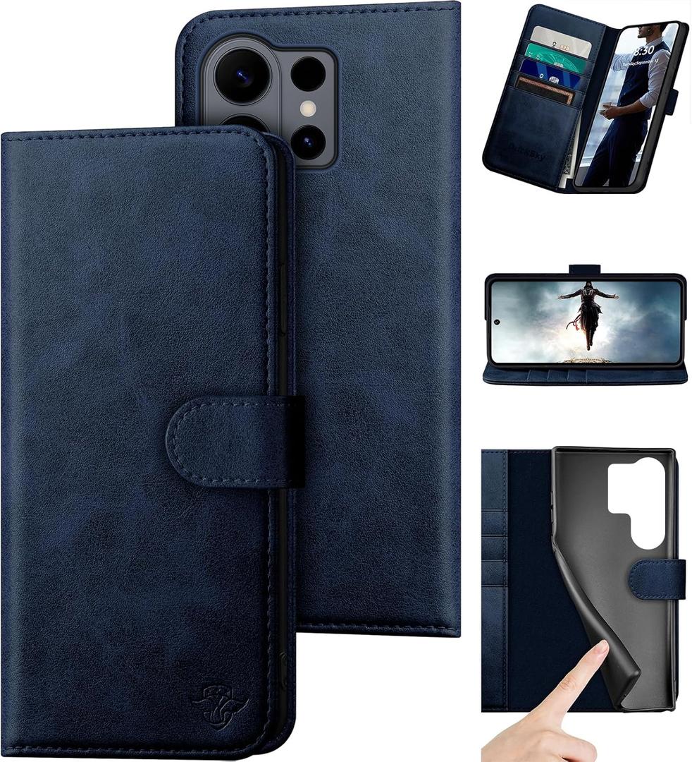 DuckSky Compatible with Samsung Galaxy S26 Ultra Genuine Leather Wallet caseRFID Blocking4 Credit Card HolderReal Leather Flip Phone case Cover Women Men for Samsung S26 Ultra case Dark Blue