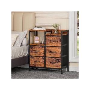 Furnulem 5 Drawer Rustic Brown Dressers for Bedroom 2 Tier Shelf Storage Small Fabric Dresser for Closet Sturdy Metal Frame Modern Style Storage Cabinets Organization Units for Hallway Rooms