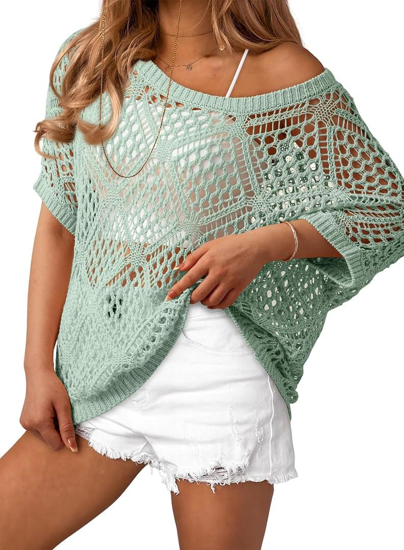 Dokotoo Women's Crochet Cover Up Tops Summer Short Sleeve Off Shoulder Sweater Shirts Beach Swimsuit Coverup, Mint, Medium