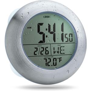 Extra Large Shower Clock with Suction Cups, Date and Temperature, Water Resistant Clock for Bathroom (Silver)