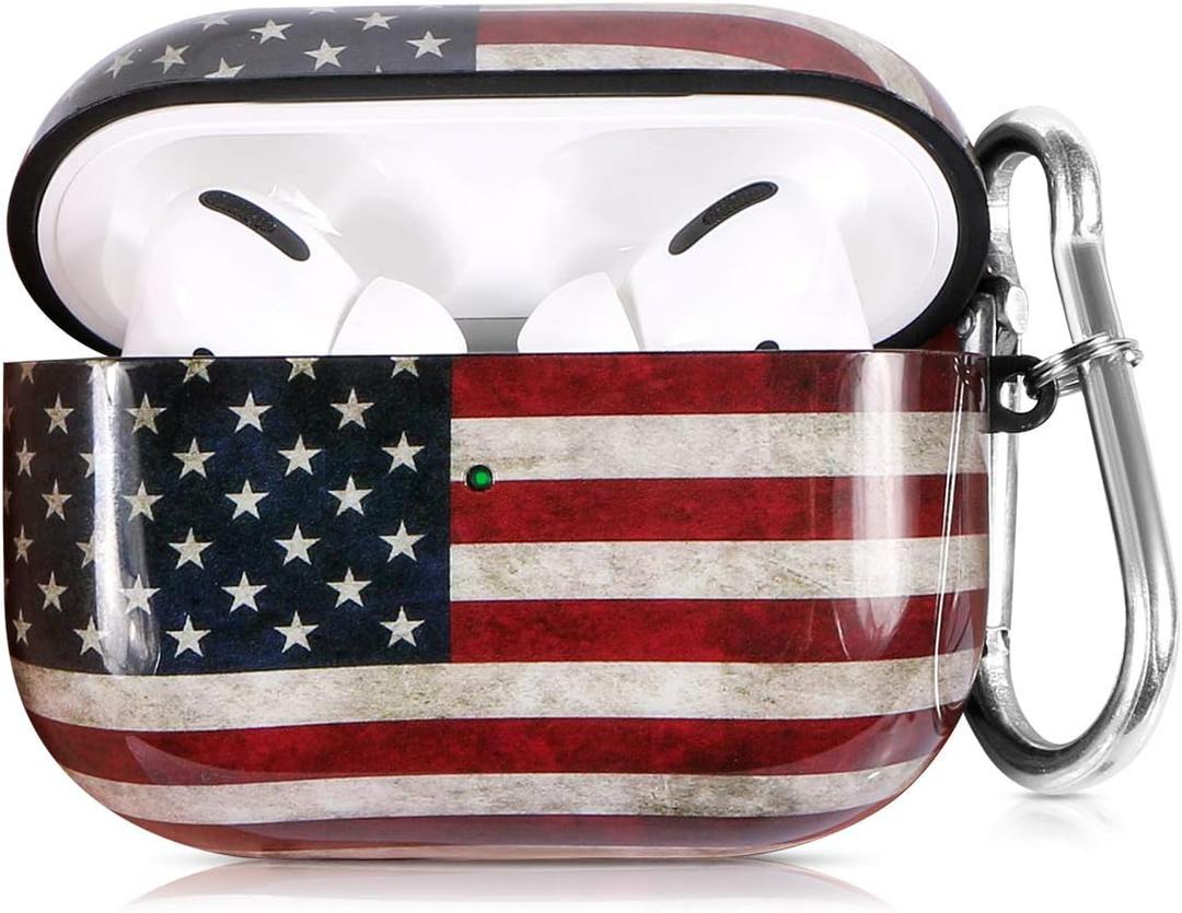 for Airpods Pro Case ,Cute for Airpod Pro Accessories Protective Hard Case Cover Portable & Shockproof Women Girls Men with Keychain/Strap for Apple Airpods Pro Charging Case(American Flag)
