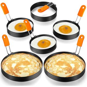 Patelai 6 Pcs Professional Egg Ring Pancake Ring Set Stainless Steel Fried Egg Molds Griddle Pancake Shapers with Orange Silicone Handle for Breakfast Omelette Sandwich(4, 6 Inch)