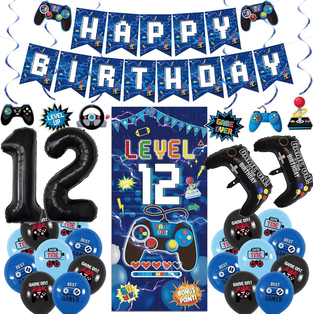 Vlipoeasn Blue 12th Birthday Decorations for Boys, Video Game Level 12 Banner Backdrop Hanging Swirls for 12th Birthday Party, Gamer 12 Years Old Party Supplies