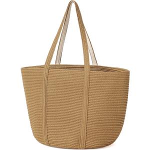 Straw Bag, Beach Bag Straw Beach Bags for Women Foldable Packable Beach Tote Lightweight Large Shoulder Handbags (Khaki)