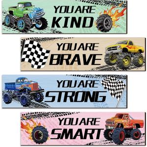 Adecortalk 4 Pcs Monster Truck Room Decor for Kids Boys, Bedroom Wall Hanging Decor with Wooden Design, Motivational Monster Truck Art Posters for Toddler Boys Room Playroom Bedroom Nursery Decor