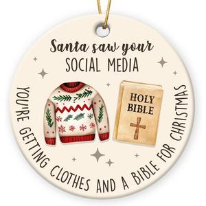 3 x Funny Christmas Ornament 2025 - Santa Saw Your Social Media Ceramic Ornaments, White Elephant Gift Exchange for Women, Friend, Coworker, Family, Gag Gifts for Adults